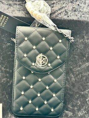 Quilted Black Crossbody Phone Wallet with Pearl Accents